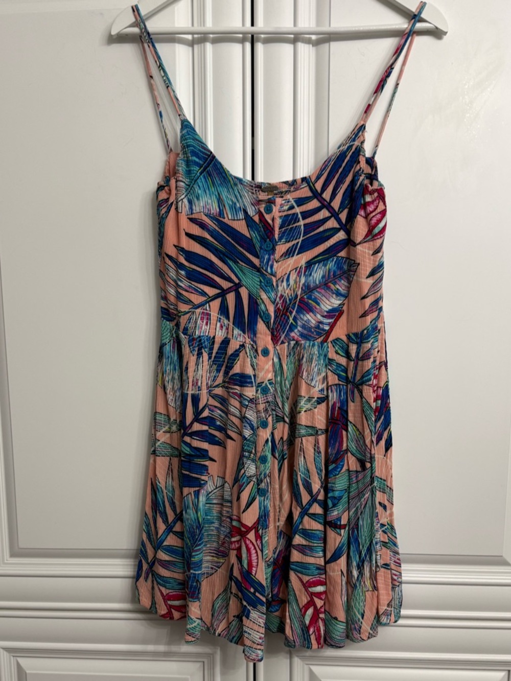 Harlow Size Medium Peach Tropical Print Button-Front Mini Dress Sleeveless